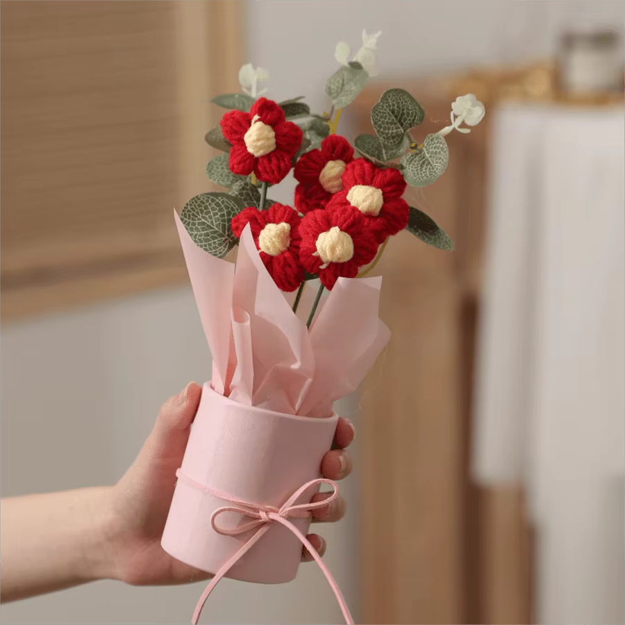 Bouquet de fleurs artificielles en laine bouffante, fil au crochet fait à la main, ameublement de la