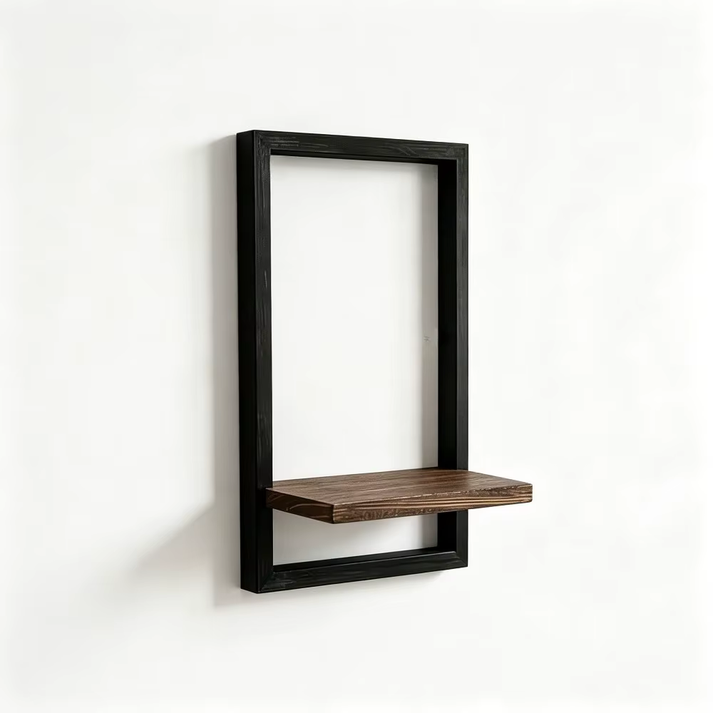 Étagère murale flottante en bois avec cadre noir rectangulaire, support de présentation pour bougies