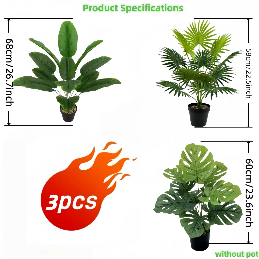 Lot de 3 plantes artificielles : palmier Areca, bananier et Monstera, décoration de jardin, 36 feuil