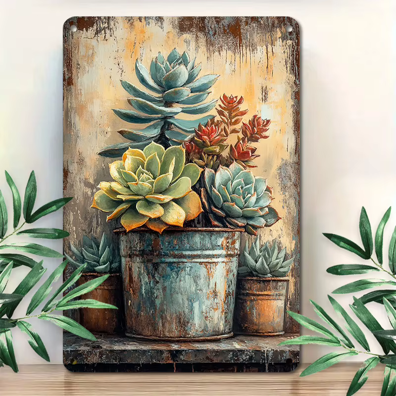 Décoration murale en métal avec motif de plantes succulentes vintage – Plaque botanique rustique en 