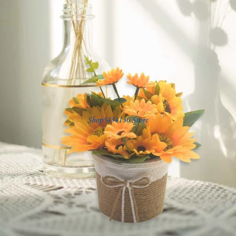 Tournesols artificiels H7ED dans petit Vase, fausse plante en pot pour décoration maison du bureau