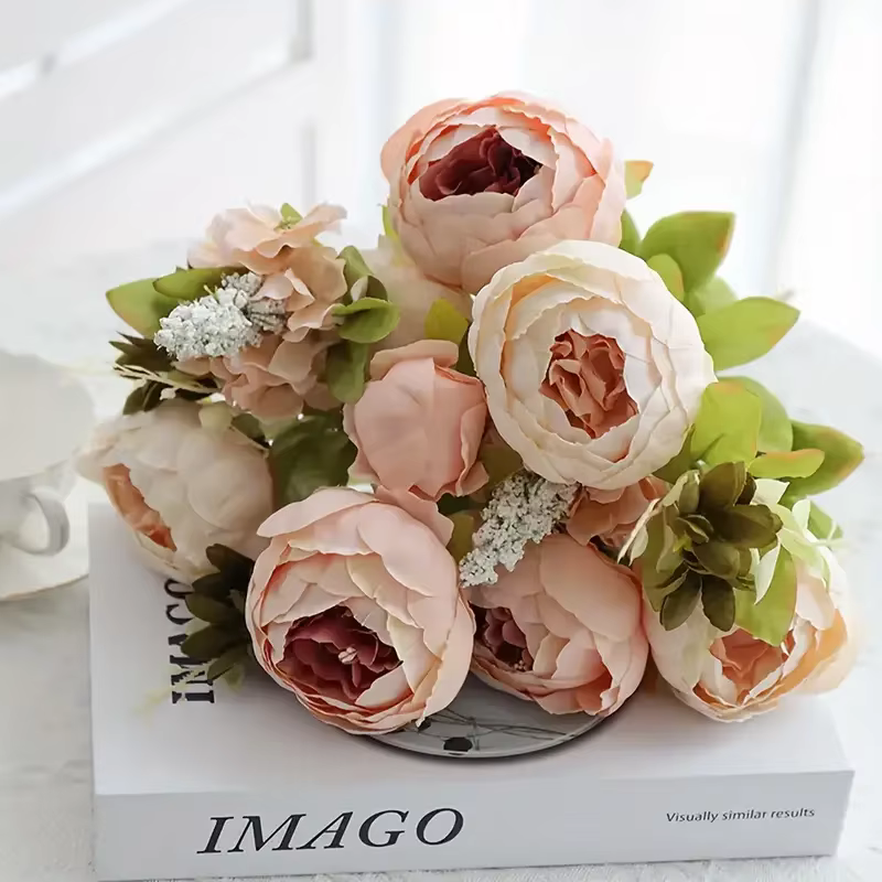 13 Bouquet de fleurs artificielles de pivoine de champagne réaliste-décoration élégante pour la mais