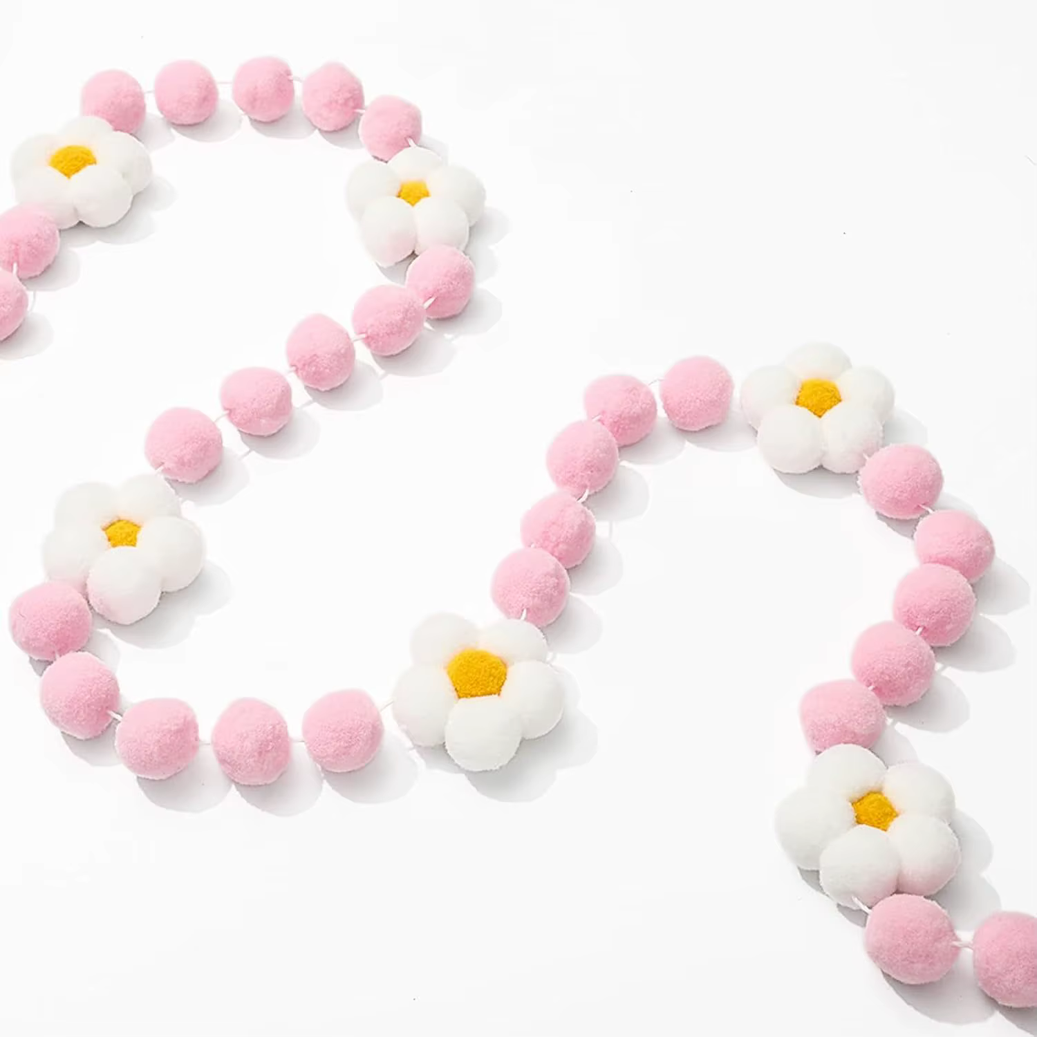Guirlande murale en feutre à fleurs de printemps, bannière de boules pompon blanches, roses et jaune
