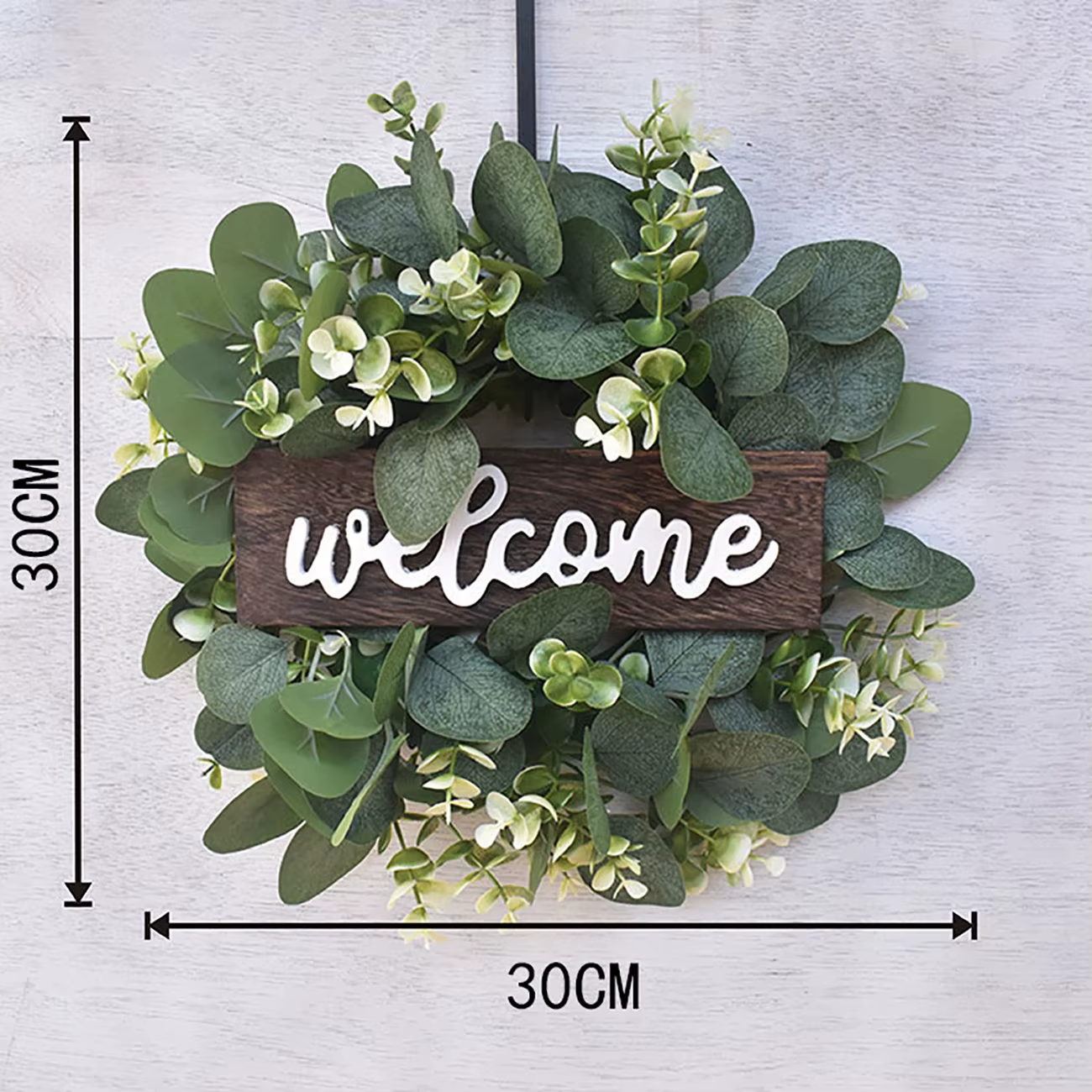 Couronne de bienvenue en feuilles d'eucalyptus de 12 pouces pour porte d'entrée, panneau rustique à 