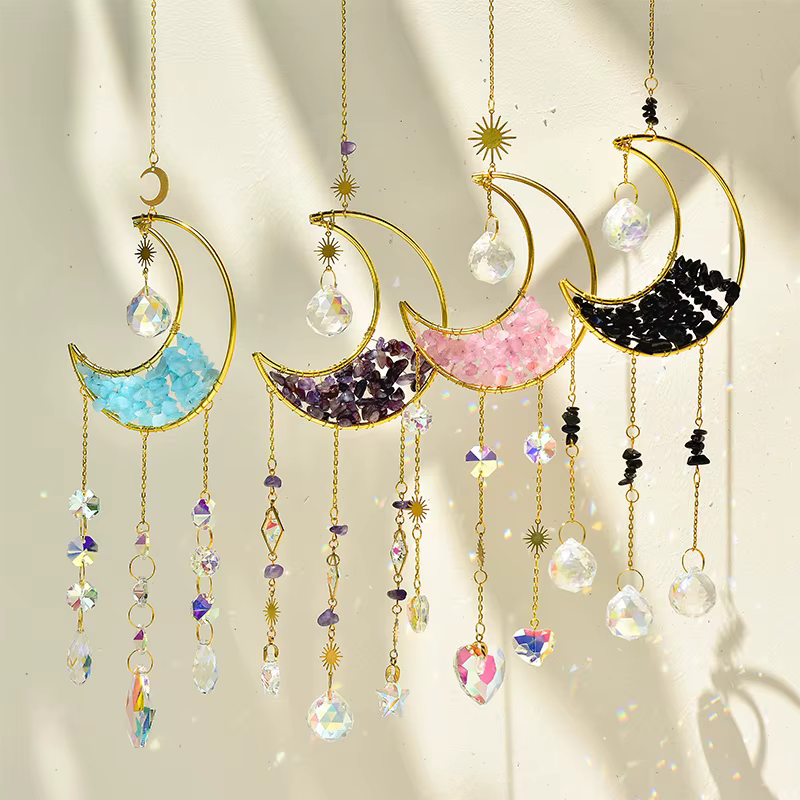 Attrape-soleil en forme de lune, carillon éolien en cristal, pendentif suspendu en métal, diamant ar