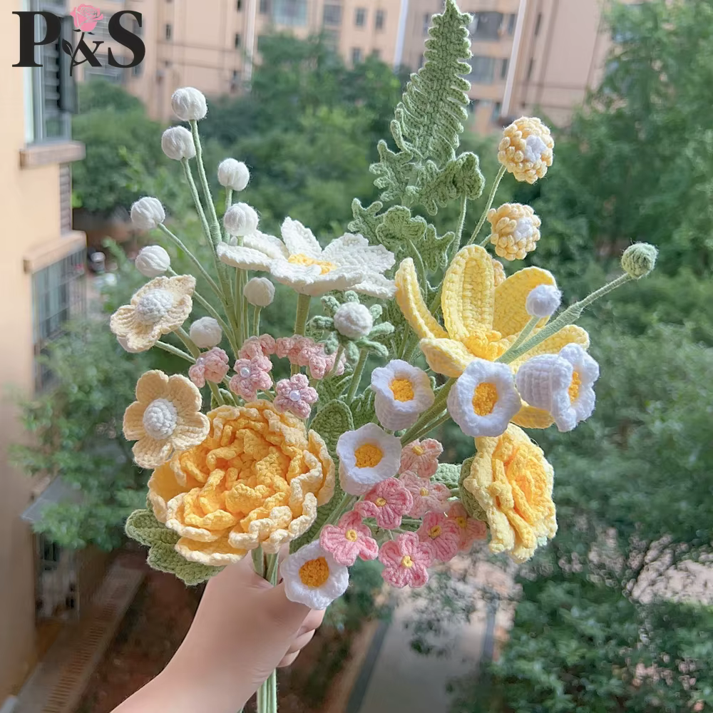 Bouquet de fleurs au Crochet fait à la main, mignon, pivoine rose jaune, tulipe, fleur artificielle,