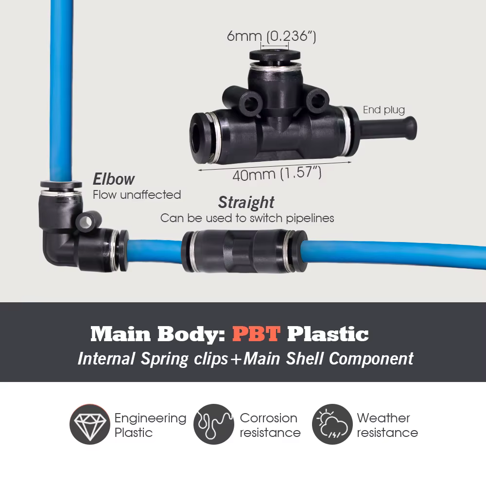 Raccords de Tubes en OD-6MM PE PU, Adaptateur de Couplage de Tuyau à Poussée Rapide de Jardin 5 Voie