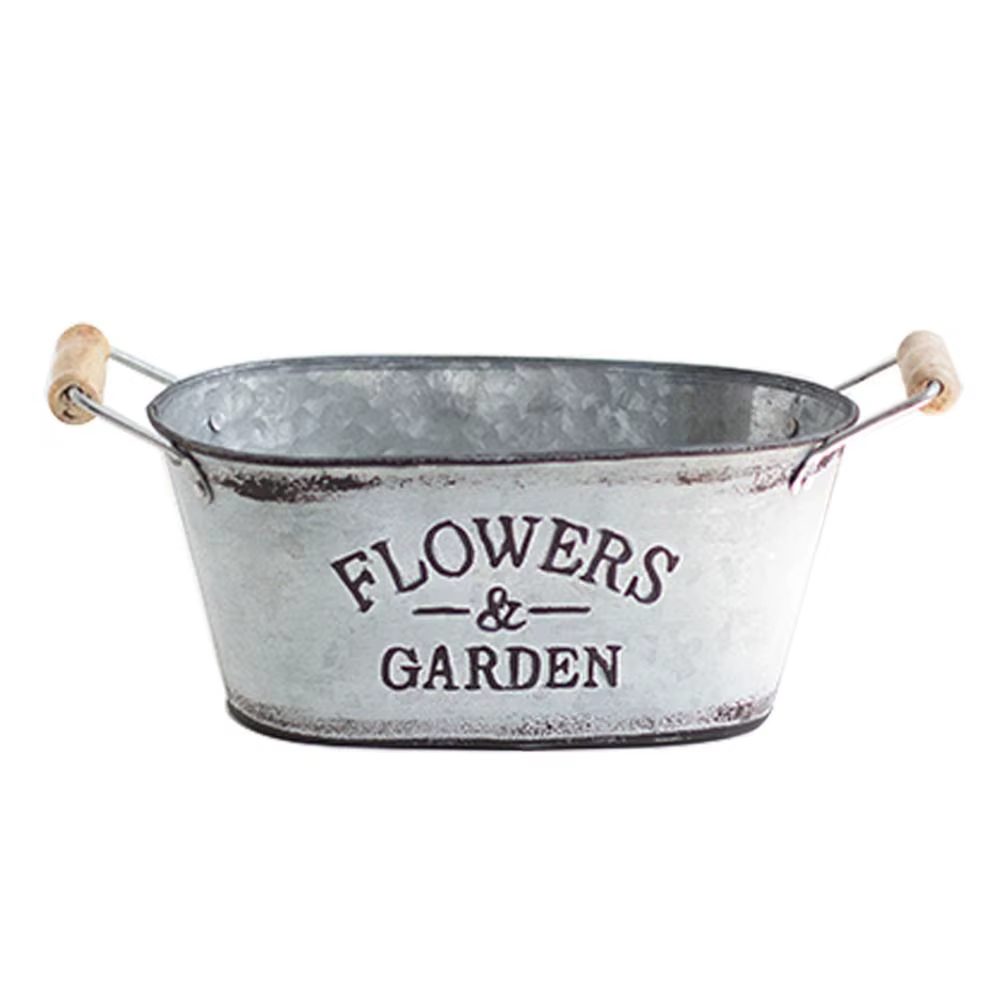 Pot de fleurs ovale en fer rustique, manche en bois, Vase de fleurs rétro pastorale, seau de fleurs 