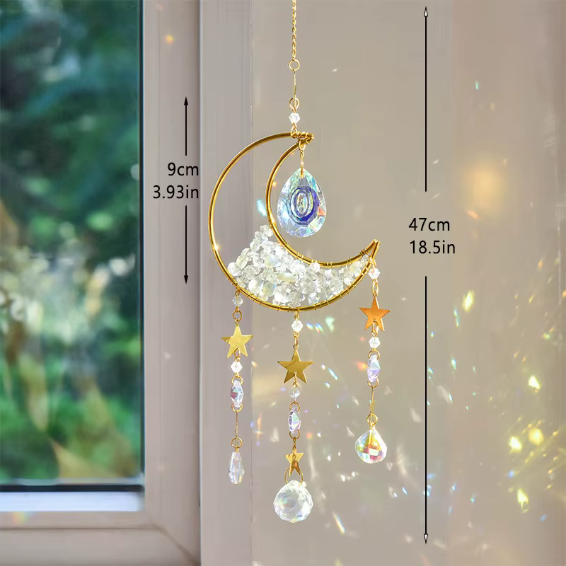 Attrape-soleil en forme de lune, carillon éolien en cristal, pendentif suspendu en métal, diamant ar