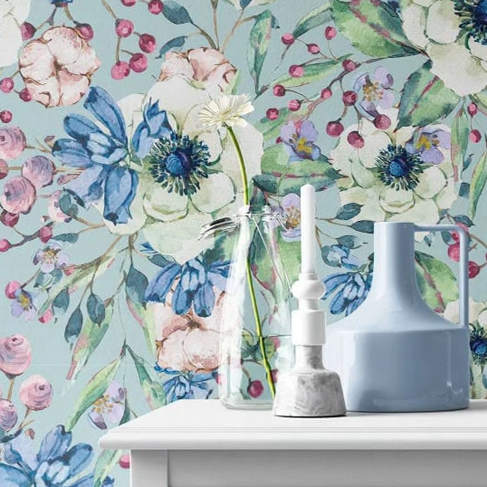 Papier peint auto-adhésif à fleurs bleues, papier peint rétro Floral régulier pour la décoration de 
