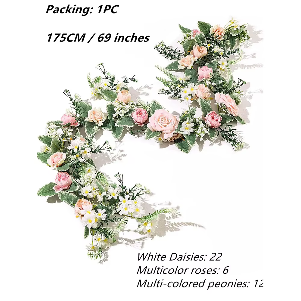 Guirlande de fleurs artificielles roses 175 cm, pivoines et marguerites, pour décoration de mariage,