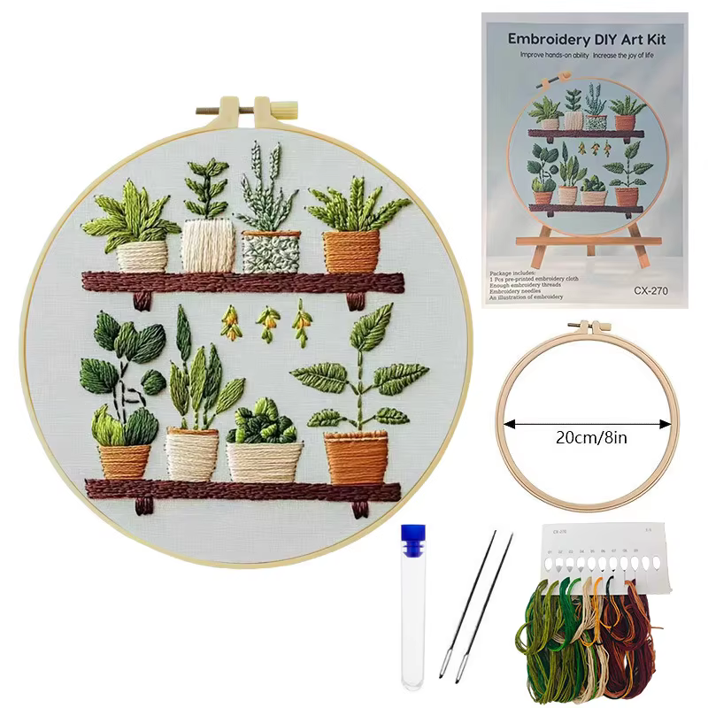 Kit de broderie de plantes en pot pour adultes avec rouleaux de fil et kit d'aiguilles pour cadeau D