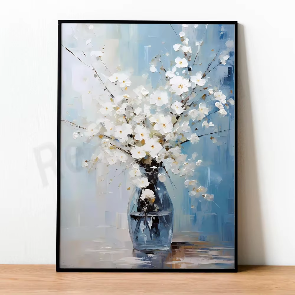 Art floral, bouquet de fleurs blanches dans un vase sur fond bleu élégant, imprimé floral, arbre sak