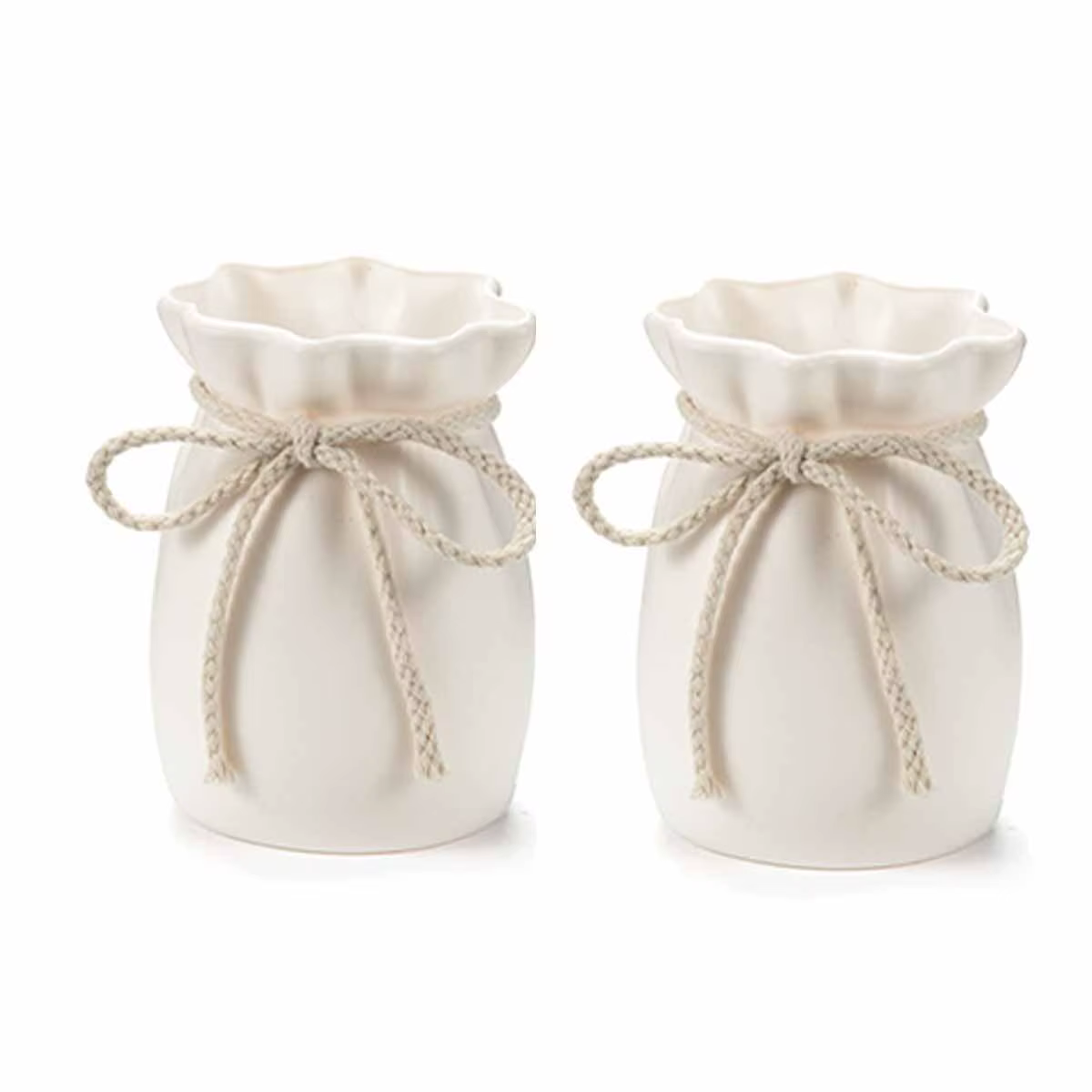 Petits pots de fleurs blancs avec nœud en jute, aspect tissu plissé doux, mini jardinière en plastiq