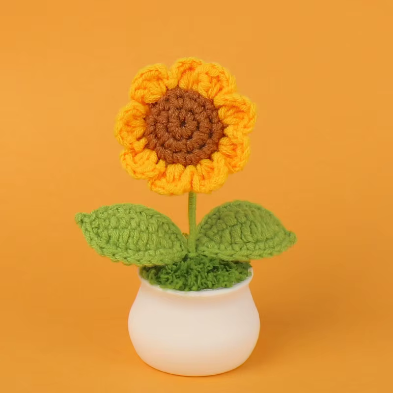 Pots de tournesol tricotés à la main, ornements créatifs, Pots de fleurs tricotés à la main, fleurs