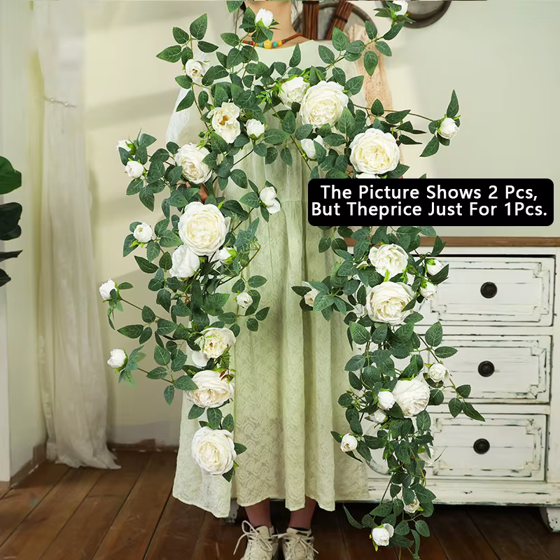 Fleurs artificielles en soie en forme de rose, feuilles de lierre vertes en rotin, plantes suspendue