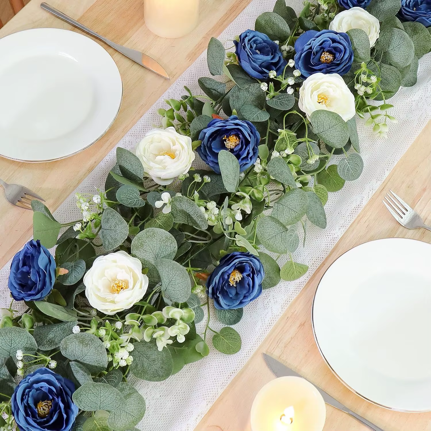 Guirlande de fleurs artificielles d'eucalyptus avec roses blanches et bleues, guirlande de verdure f