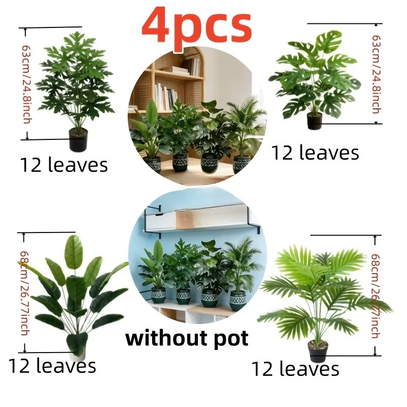 Lot de 4 grandes plantes artificielles Areca Palm avec 48 feuilles, plantes tropicales en pot, idéal