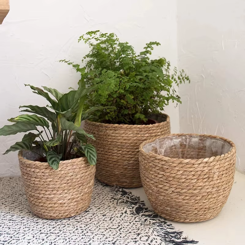 Pot de plantes à fleurs tissées en paille, panier de jardinière d'herbe, couverture de Pot de fleurs