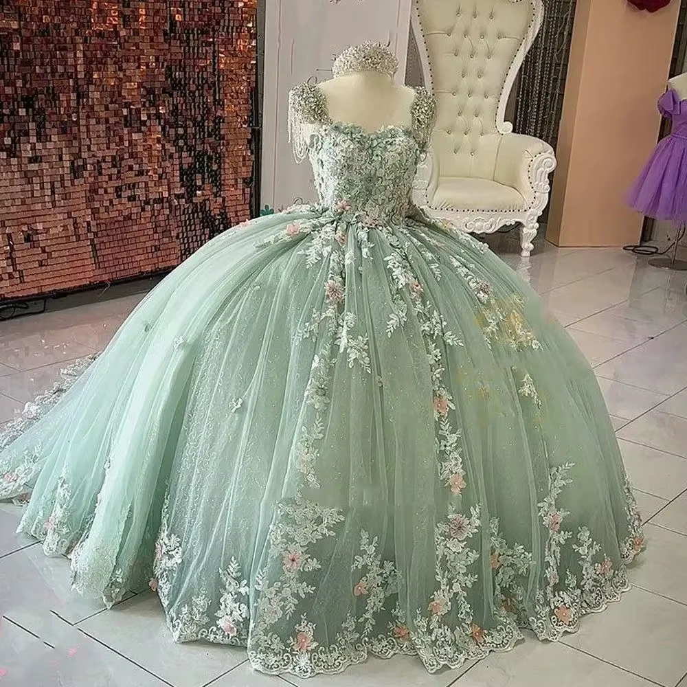Robe de demoiselle d'honneur verte personnalisée pour mariage, en dentelle, épaules dénudées, appliq