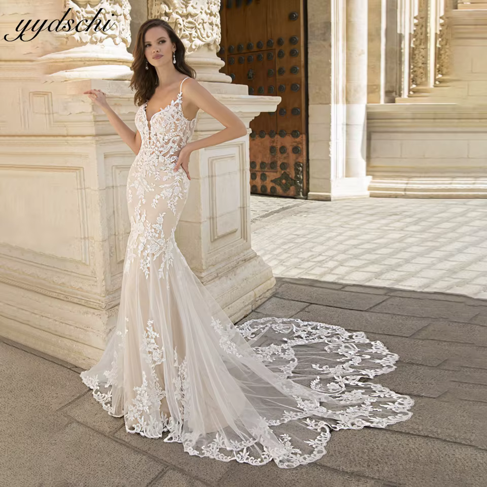 Superbe robe De mariée sirène pour mariée Tulle dentelle Appliques col en v bretelles Spaghetti Cour