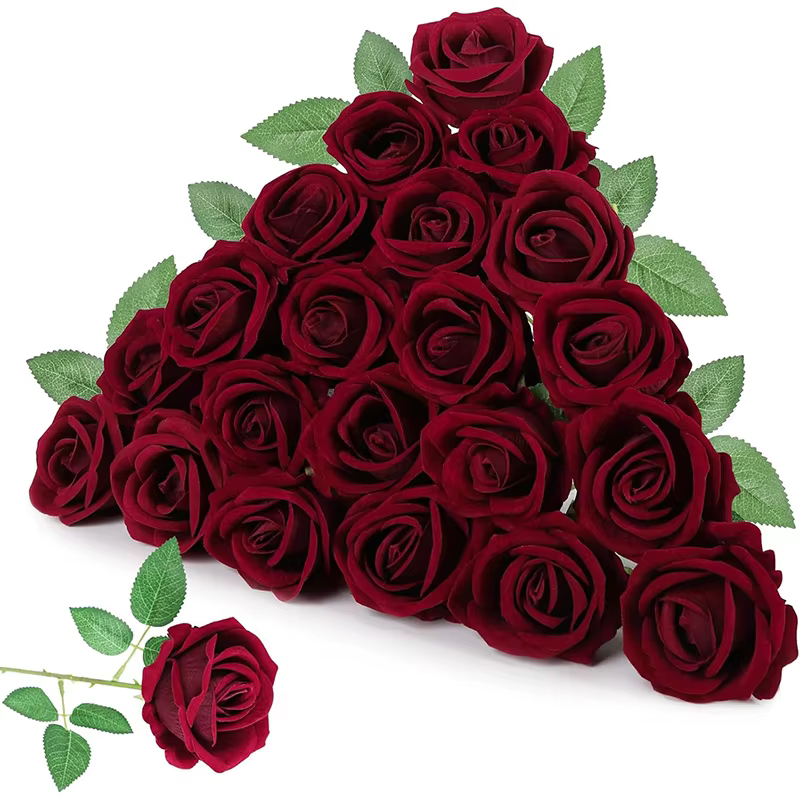 Roses artificielles en soie, 25 pièces, bordeaux, toucher réel, bouquet de mariée, décoration floral