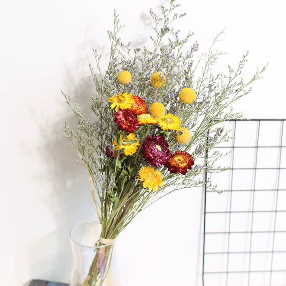 Bouquet de fleurs séchées, boule dorée, gypsophile, feuilles d'eucalyptus préservées, décoration est