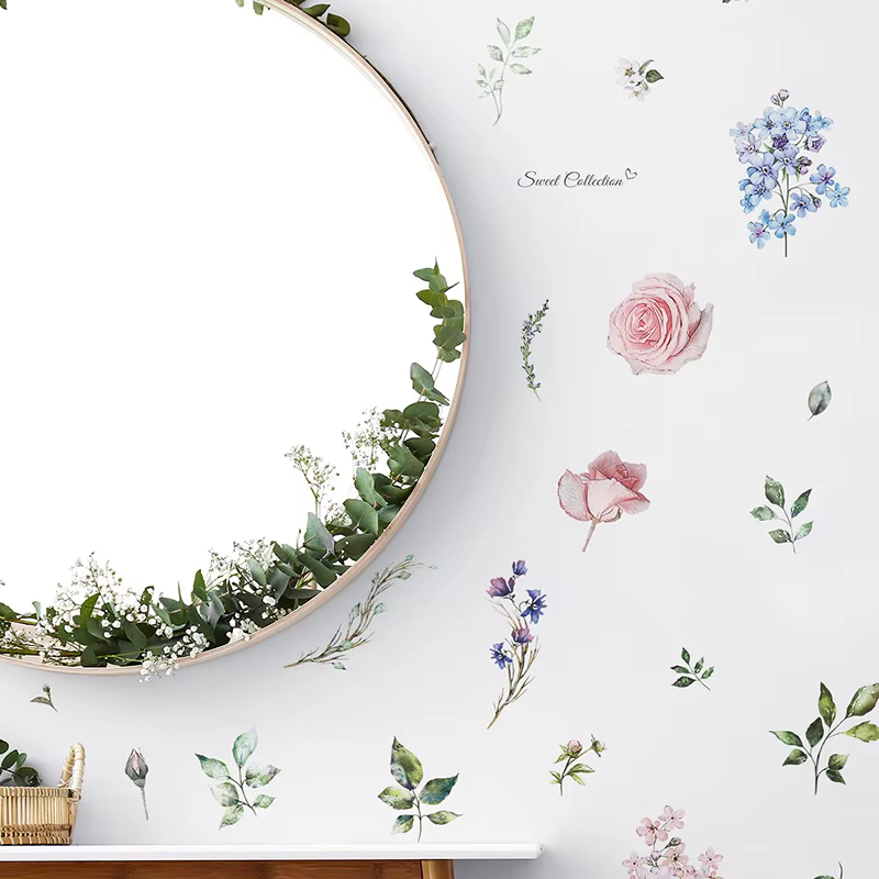 Autocollants muraux en forme de feuilles de fleurs fraîches, décoration de fond de salon, papier pei