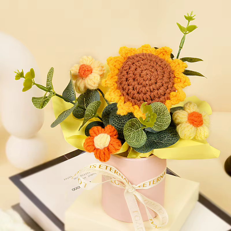 Bouquets de fleurs artificielles en crochet finis, tournesols en pot, décoration pour la maison, la 