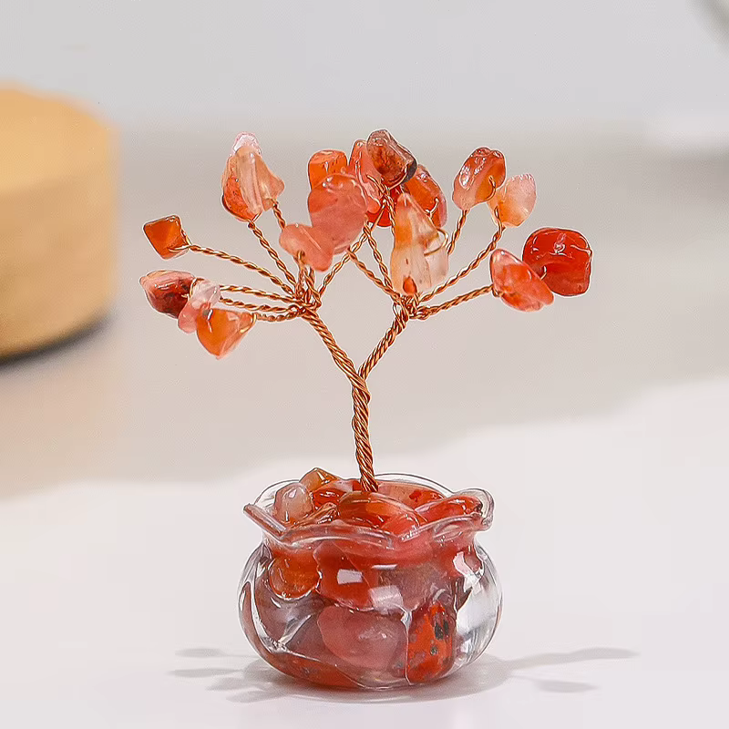Arbre d'argent en cristal jaune naturel, Mini Agate rouge, ornement de bureau, dessin animé Feng Shu