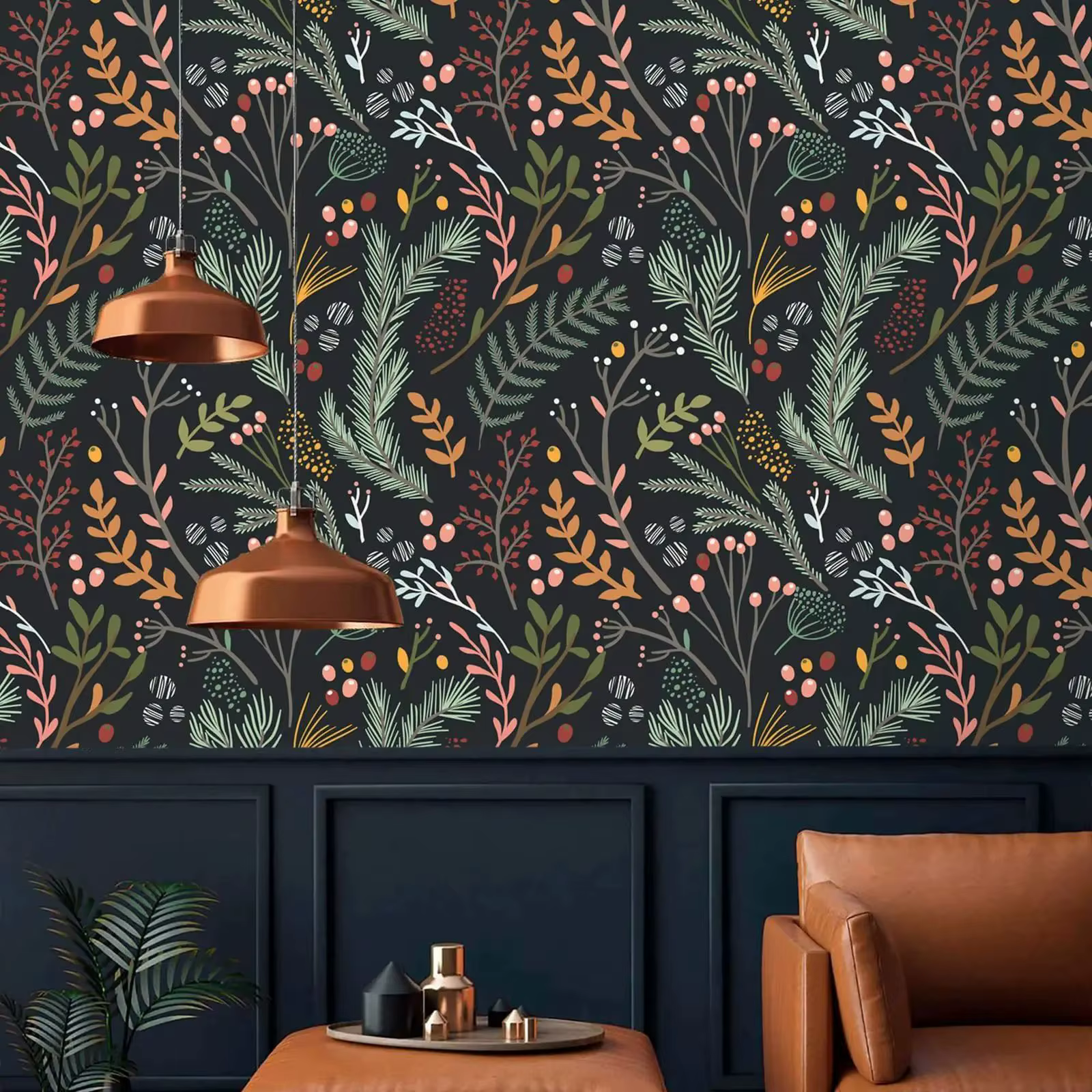 Papier peint botanique à feuilles, papier peint Vintage à fond foncé aux herbes pour la décoration d