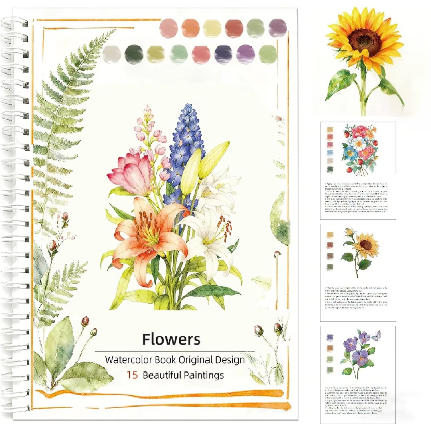 Cahier d'aquarelle à spirale pour débutants, 15 croquis floraux pré-dessinés, livre de peinture sur 