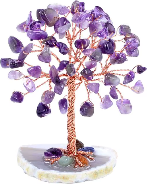 Mini arbre à argent en cristal enveloppé de fil de cuivre avec base en tranche d'agate, pierres préc