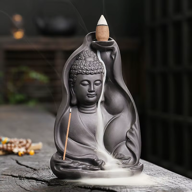 Brûleur d'encens à reflux, support d'encens (sans encens), nuages de bon augure, bouddha violet, arg
