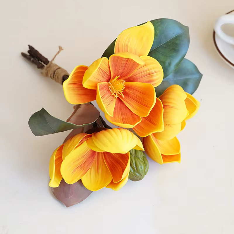 1 Bouquet, 4 fleurs simulées attachées avec de grandes fleurs de Magnolia, décoration de la maison, 