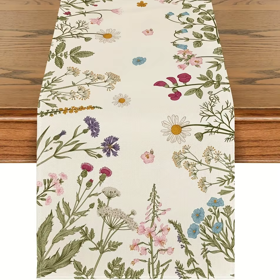 Chemin de table en polyester et lin à motifs de fleurs sauvages, décoration de table de salle à mang