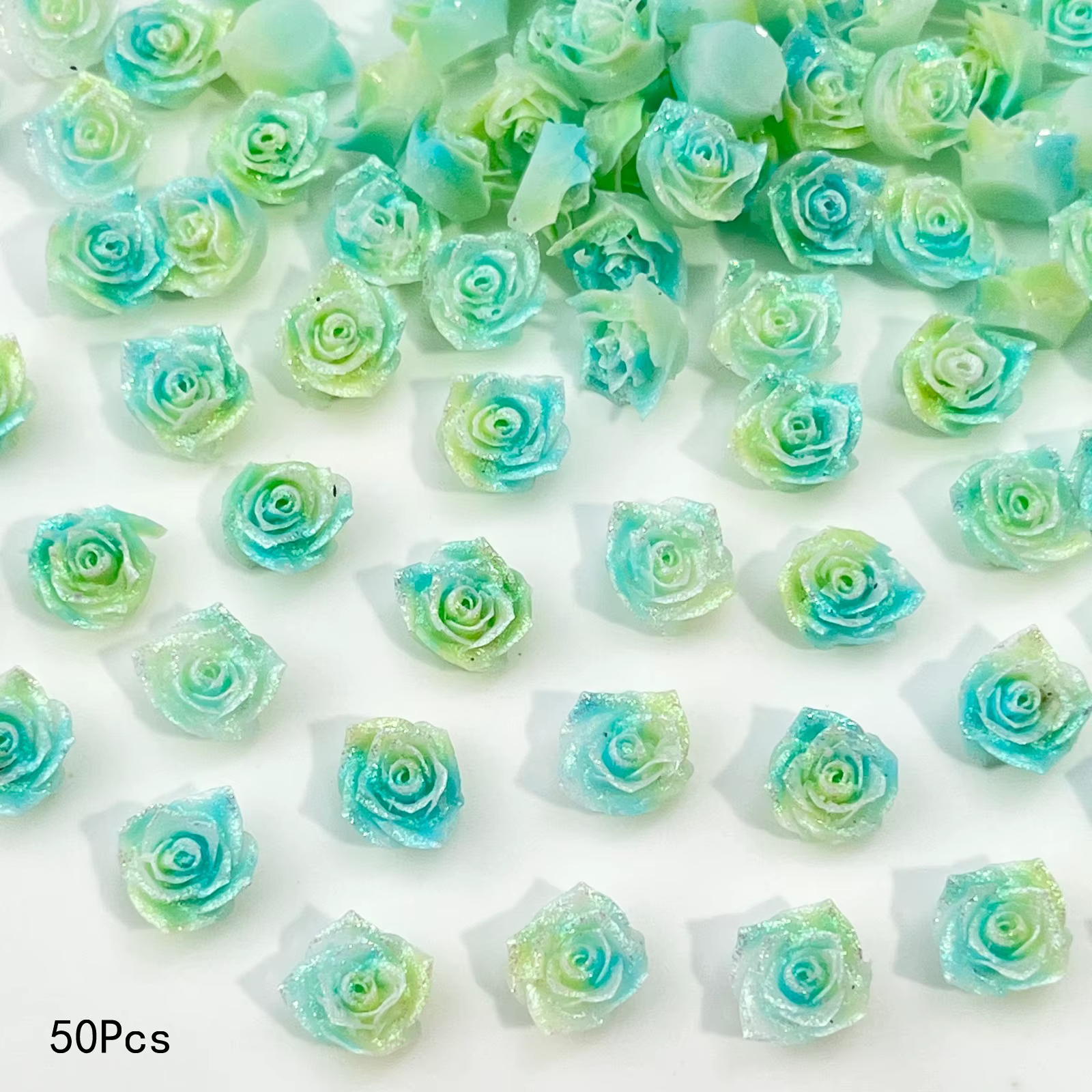 50 pièces de fleurs artificielles souples bleues et jaunes, 5 motifs (Lotus, Gardenia, Pivoine, Rose