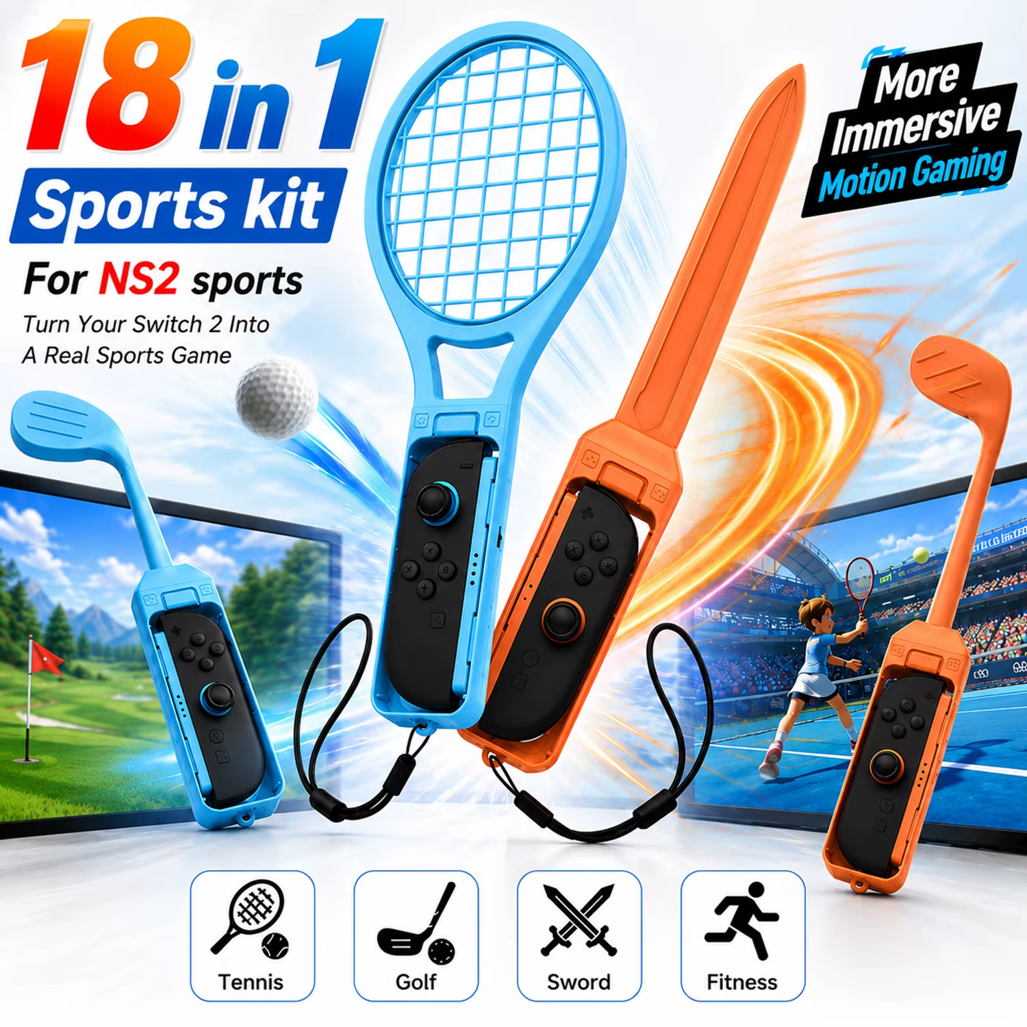 Kit d'accessoires de jeu sportif 18-en-1 pour NS Switch 2 Joy-Con, clubs de golf, raquettes de tenni