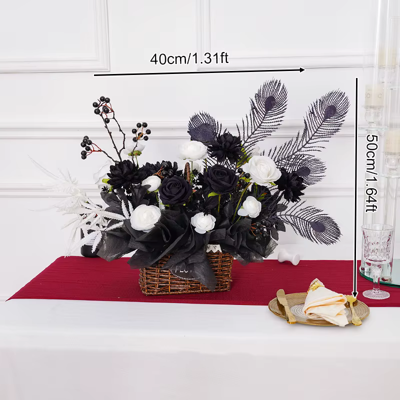 Décoration de centre de table pour banquet, série de paniers noirs, arrangement floral de roses et p