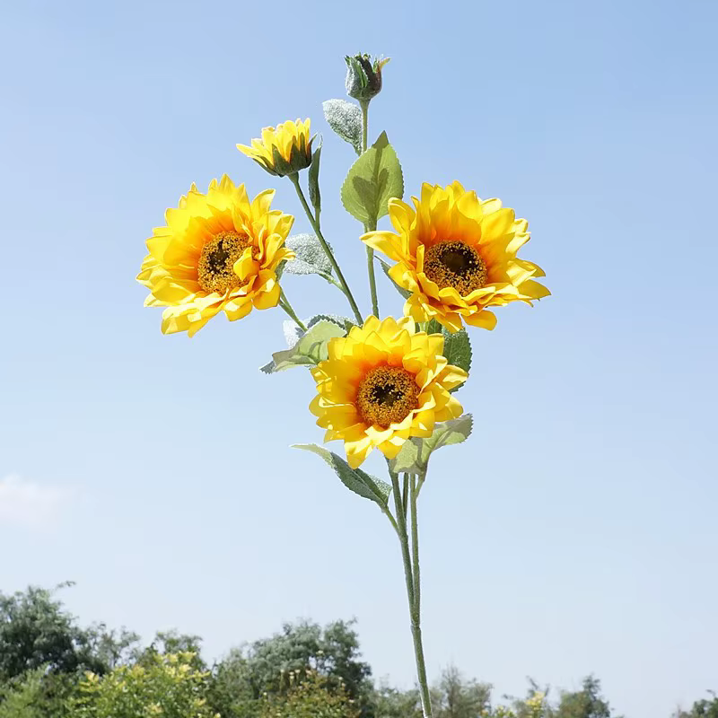 Fausses plantes artificielles de tournesol floquées à 5 têtes, 6 pièces, pour décoration de mariage,