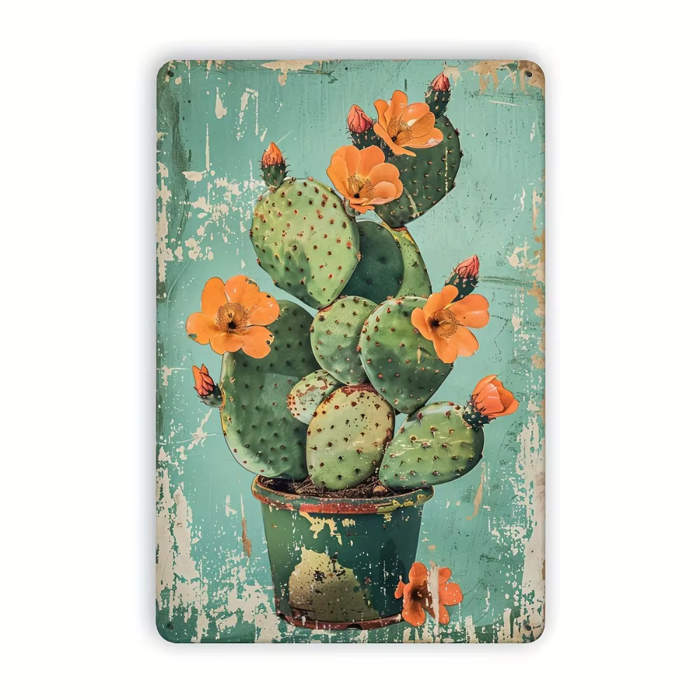 (Peinture sur métal 2D) Art mural en métal vintage avec motif de cactus, plaque décorative en métal 