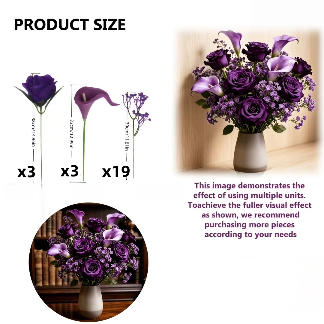 45/25 Bouquet de fleurs (3 roses violettes + 3 lys calla + 39 fleurs de gypsophile / 3 roses violett