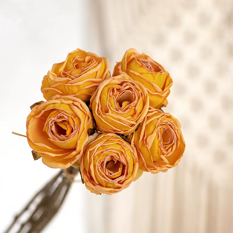 Lot de 6 Branches de Roses Artificielles en Soie à Bordures Brûlées, Fleurs Artificielles pour Bouqu