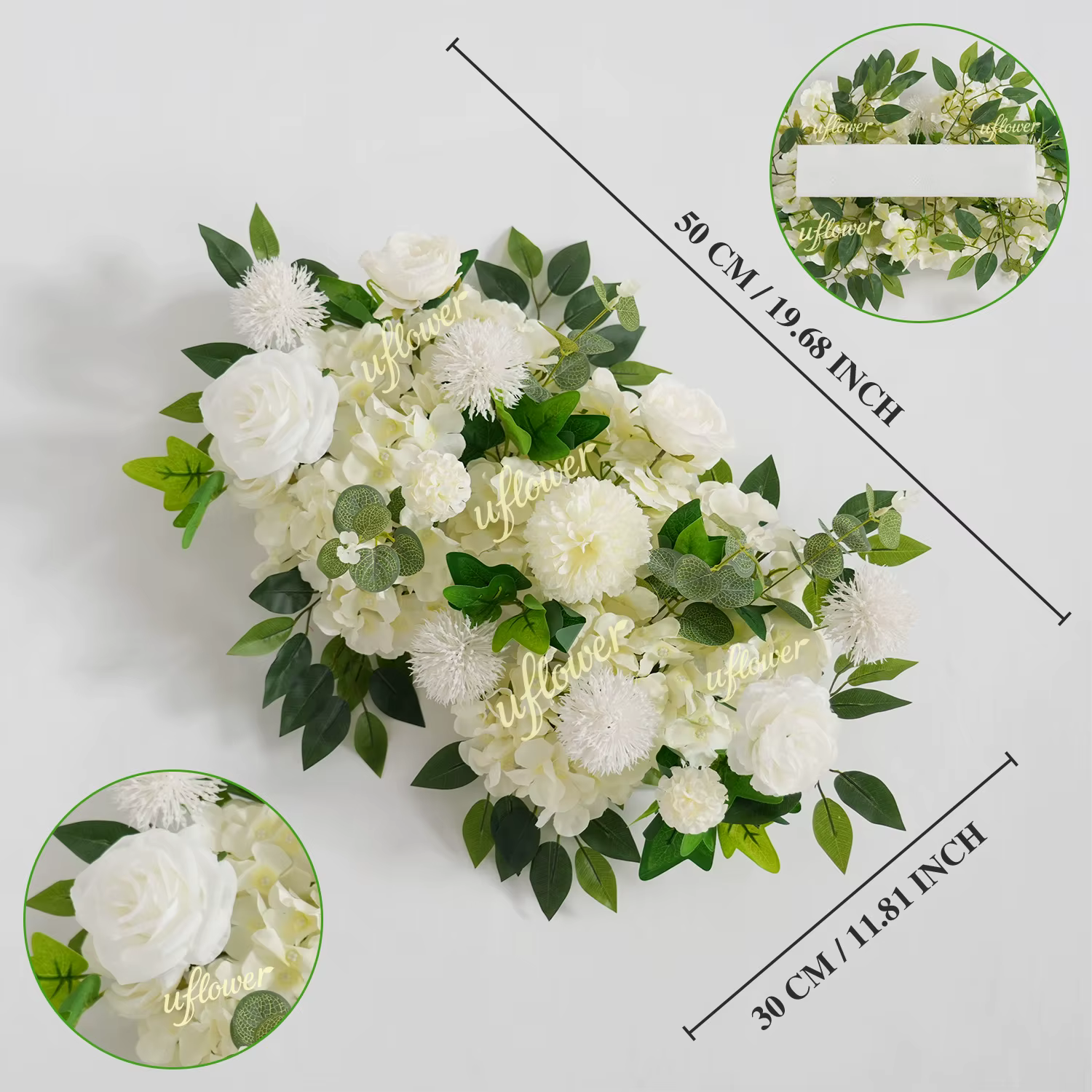 100x30CM Uflower Guirlande de fleurs artificielles roses blanches et verdure, centre de table, décor