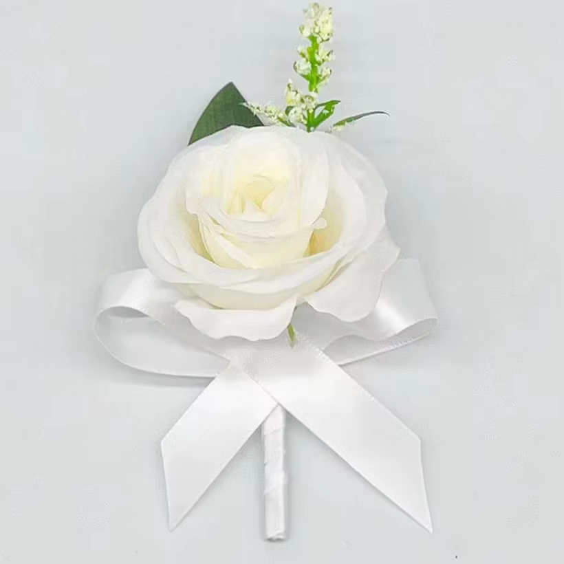 Bouquet de Roses Naturelles Artificielles Tenant des Fleurs, avec Ruban InjSatin, Rose, Blanc, Champ