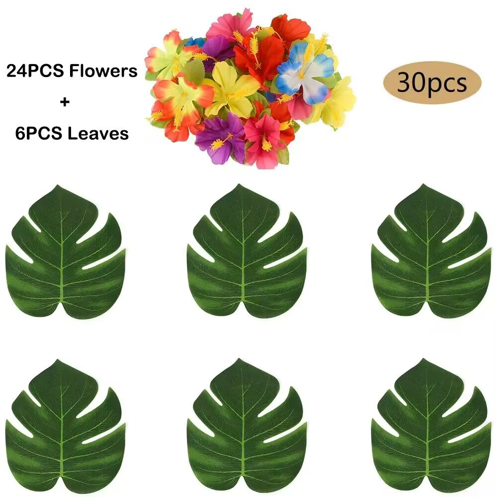 Feuilles de palmier Monstera tropicales, fleur d'hibiscus, feuilles de Luau hawaïennes, fête tropica