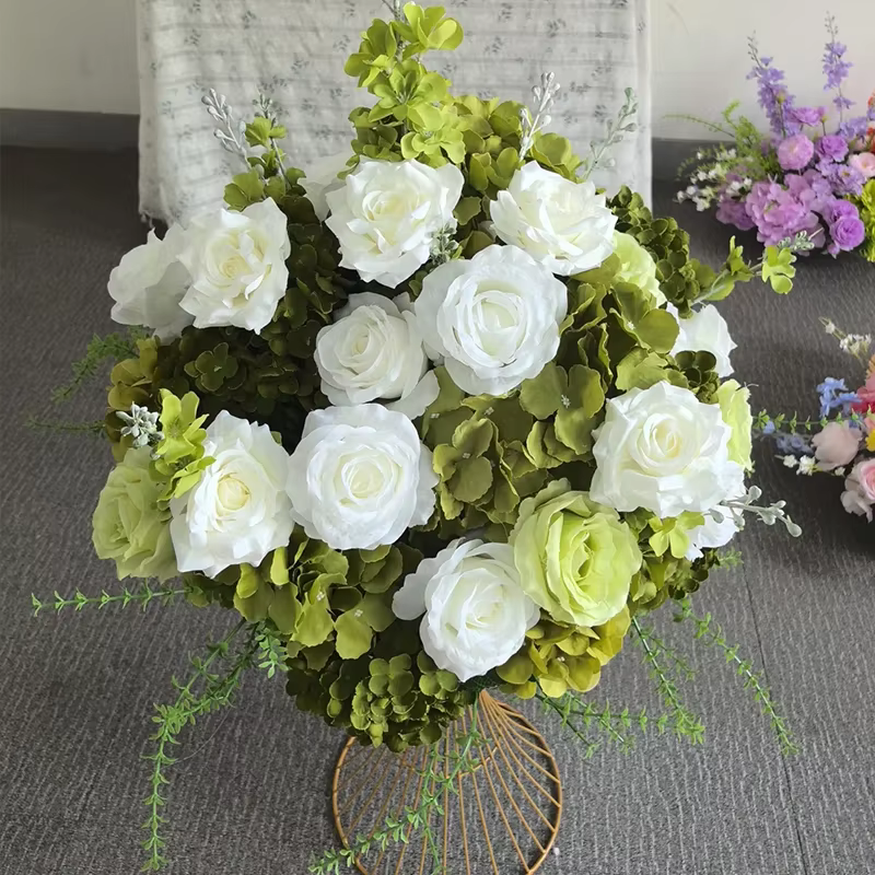Arrangement Floral de sol d'hortensia vert, décor d'arc d'arrière-plan de mariage, rangée de fleurs 
