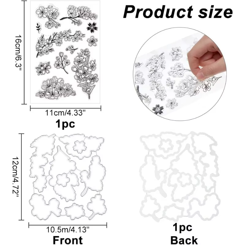 Matrices découpées en fleurs de cerisier et ensemble de tampons transparents, modèle de gaufrage de 