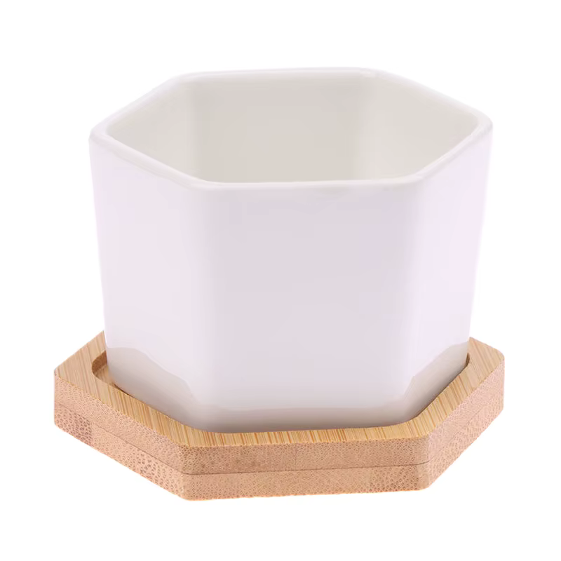 Pot de fleurs en céramique blanc hexagonal avec plateau, pot de fleurs européen, conteneur simple po