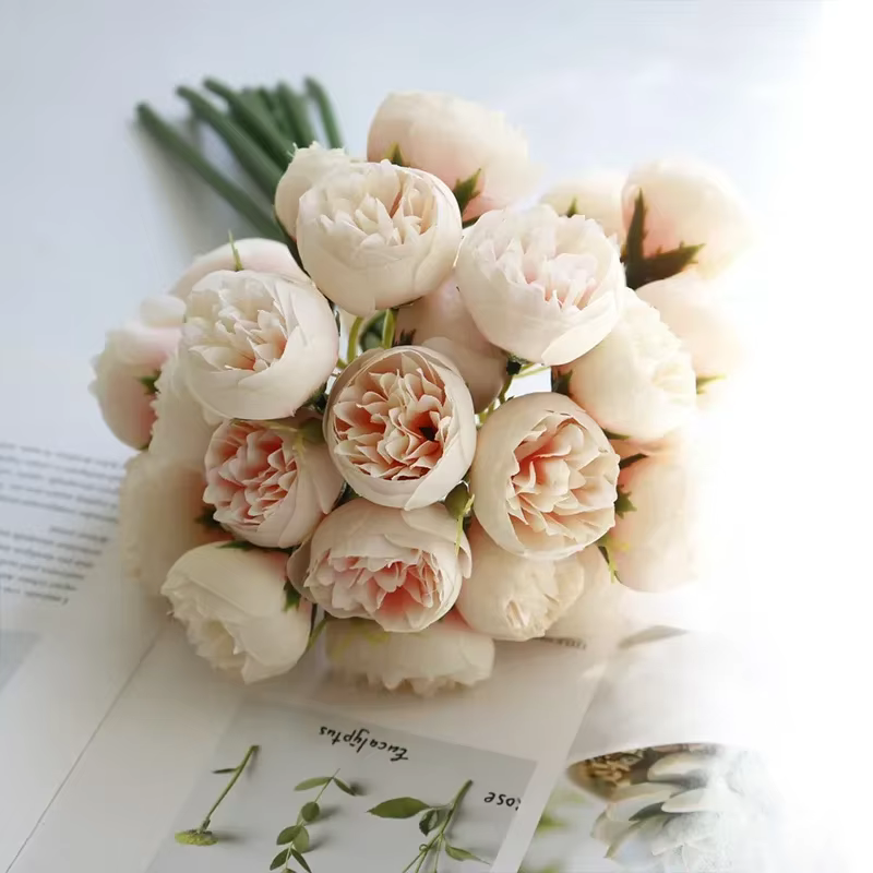 Rose Rose pivoine fleurs artificielles Bouquet de soie 27 têtes Roses fausse fleur pour Vase de Tabl